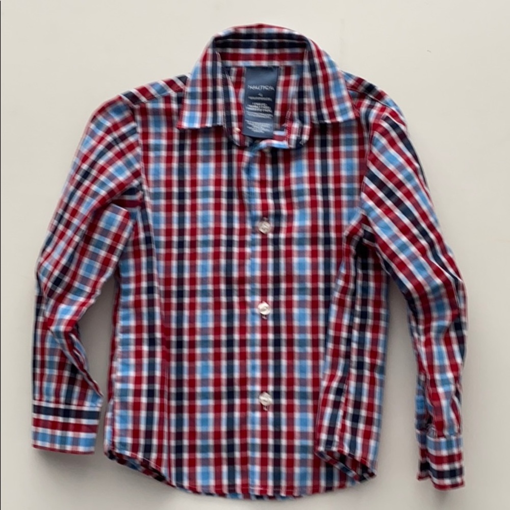 Nautica Boy’s Check Plaid Dress  Shirt Blue Red 4